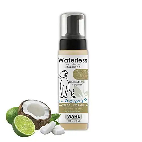 Wahl pet friendly waterless no rinse shampoo for animals – oatmeal & coconut lime verbena for cleaning, conditioning, detangling & moisturizing dogs, cats & horses – 7. 1 oz - model 820...