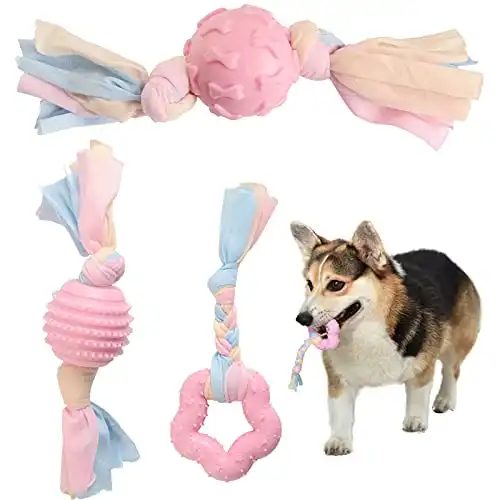 Puppy toys for teething,dog toys for small dogs with cotton cloth rope,durable puppy teething chew toys for small and medium dogs (3 pcs pink