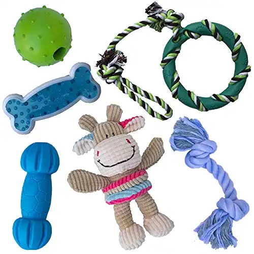 Rocket & rex dog toy pack, chew toys for small dogs and dog toys for puppies, safe & non-toxic, for small to medium breeds, includes rope toys, plush squeaky toy, ball and tug of war toy