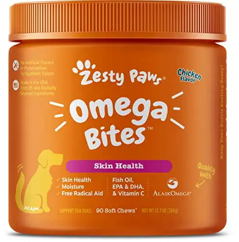 Zesty Paws Omega 3 Alaskan Fish Oil Chew Treats for Dogs - with AlaskOmega for EPA & DHA Fatty Acids - Itch Free Skin - Hip & Joint Support + Skin & Coat Chicken Flavor (90 Soft Chews)