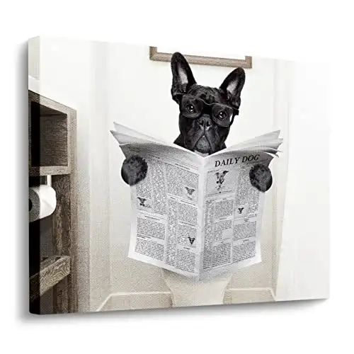Funny dog canvas wall art print french bulldog dog read newspapers sitting on toilet