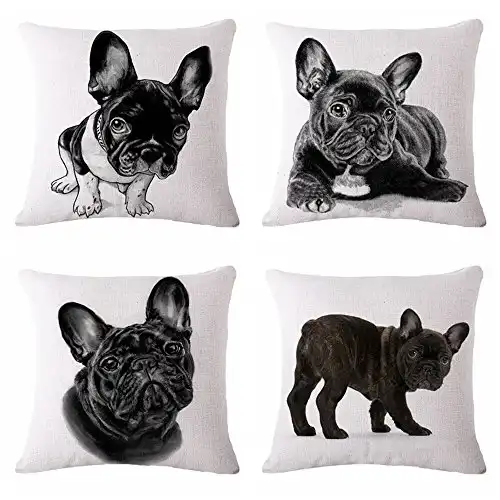 Mhb decorative animals french bulldog cotton linen throw pillow covers 18 x18 inch (pack of 4 pieces)